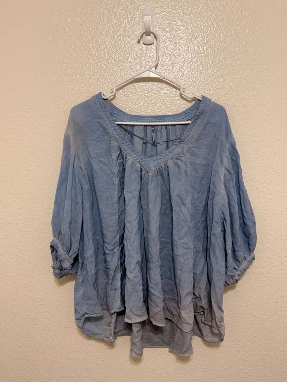 Free People Oversized V-Neck Puff Sleeve Blouse Light Blue